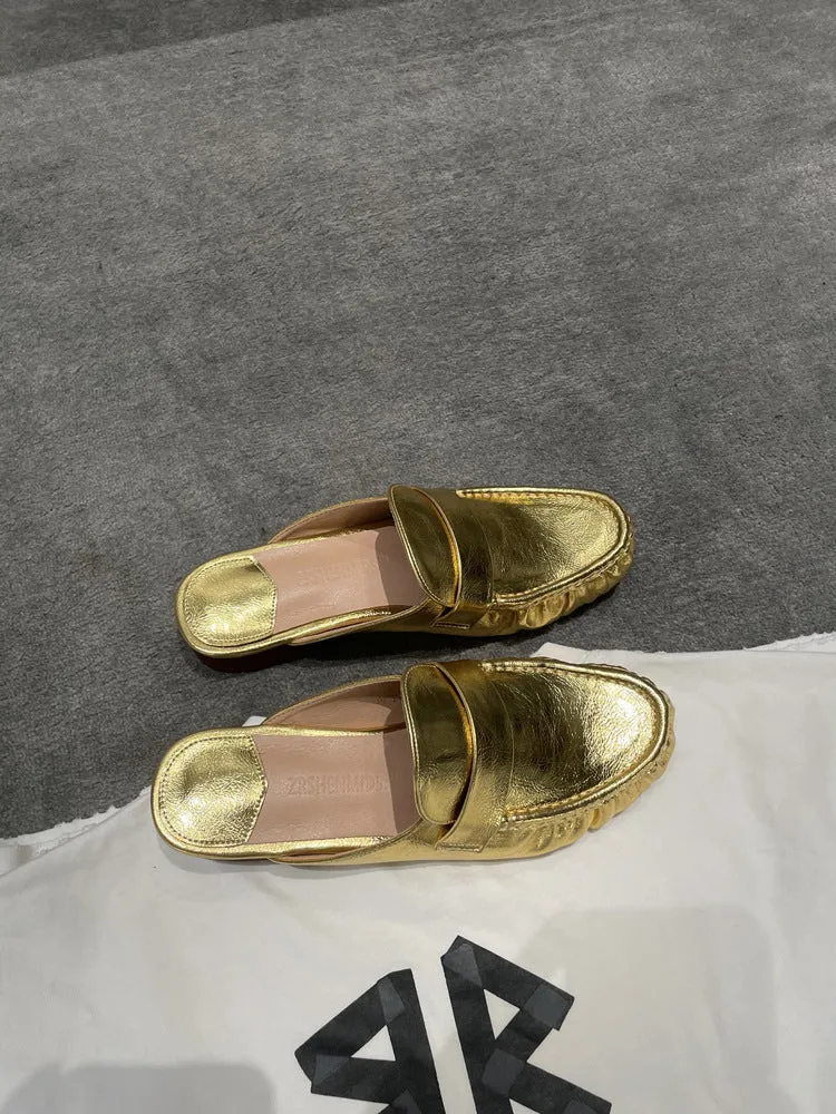 NEW & INSTOCK - Korean French Style Leather Slippers Mules in White and Gold