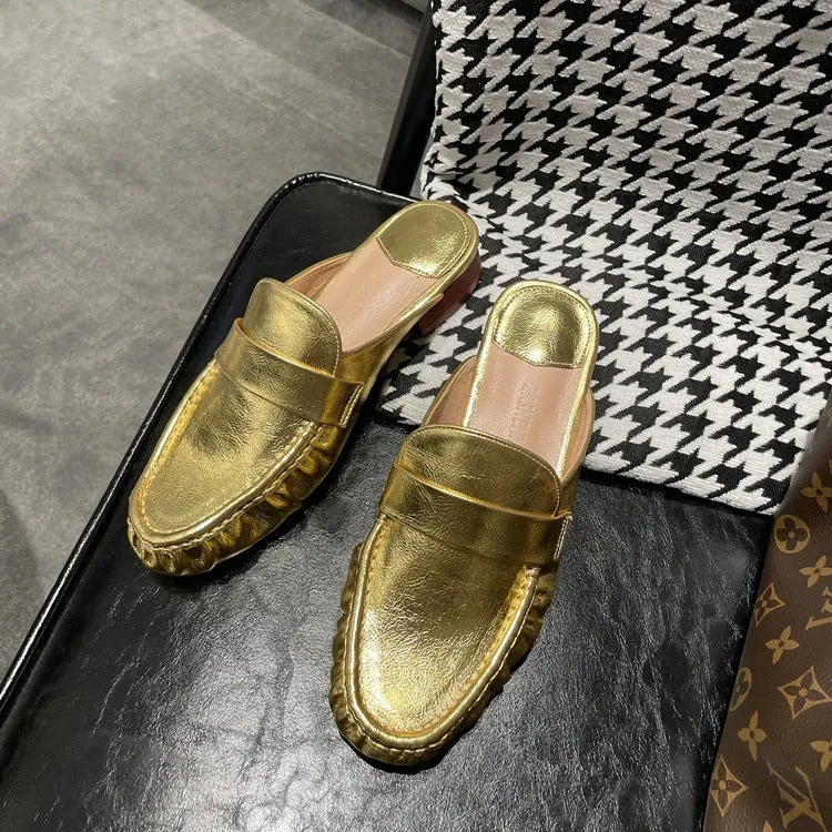 NEW & INSTOCK - Korean French Style Leather Slippers Mules in White and Gold
