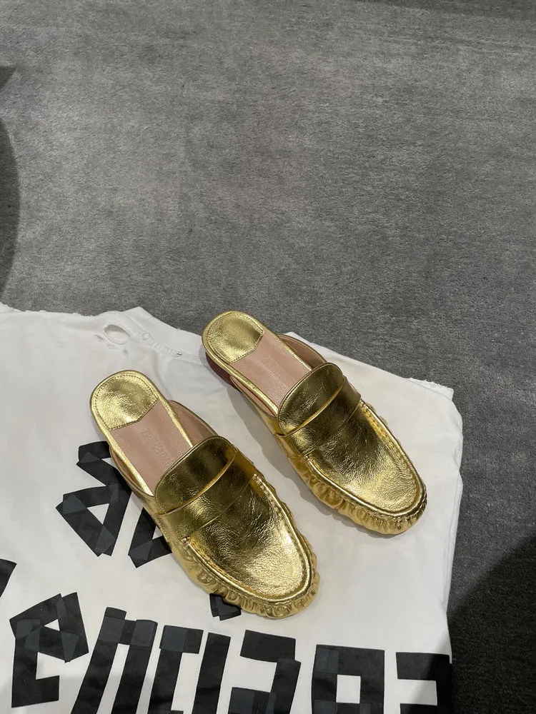 NEW & INSTOCK - Korean French Style Leather Slippers Mules in White and Gold