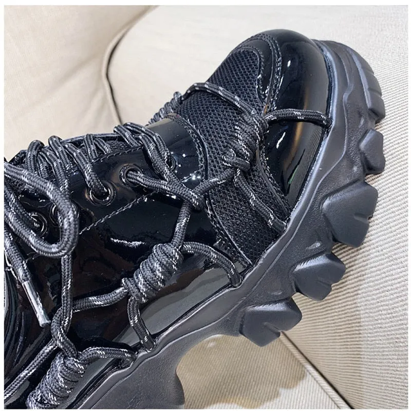 New Patent Leather Women Casual Old Harajuku Shoes Punk Thick Bottom Increased Lady Flat Platform Sports Sneakers Shoes Creepers