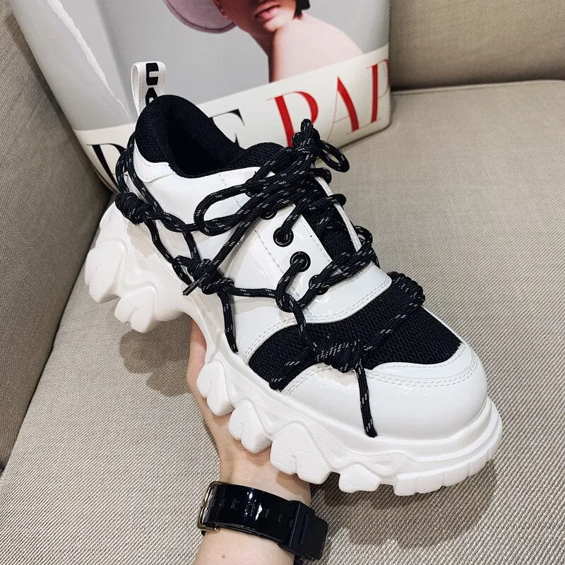 New Patent Leather Women Casual Old Harajuku Shoes Punk Thick Bottom Increased Lady Flat Platform Sports Sneakers Shoes Creepers