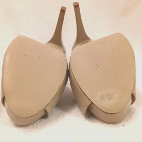 Nine West Nude Beige Tan Peeptoe Open Toe Pumps 4&quot; Heels Sz 9.5
