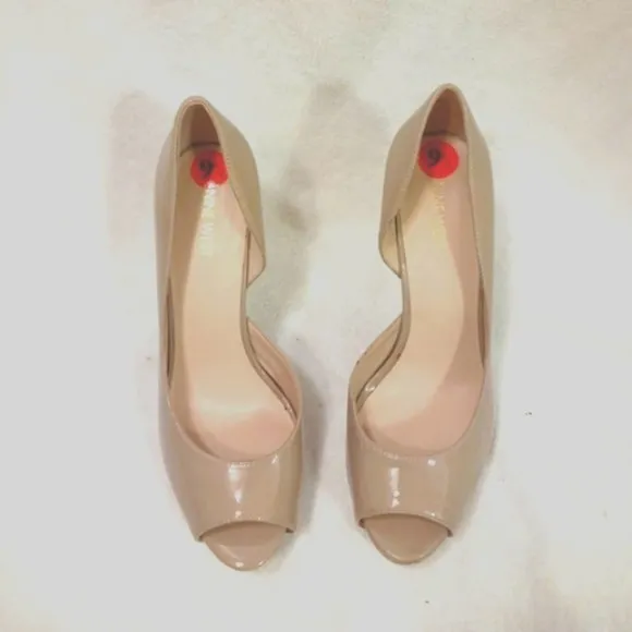 Nine West Nude Beige Tan Peeptoe Open Toe Pumps 4&quot; Heels Sz 9.5