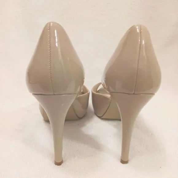 Nine West Nude Beige Tan Peeptoe Open Toe Pumps 4&quot; Heels Sz 9.5