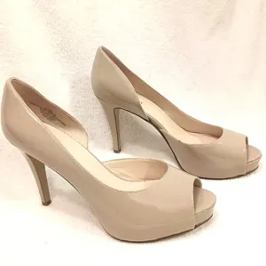 Nine West Nude Beige Tan Peeptoe Open Toe Pumps 4&quot; Heels Sz 9.5