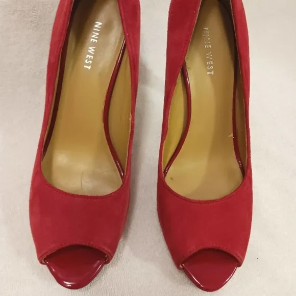 Nine West RED LEATHER Suede Open Toe Pumps Size 9M Prom Cocktail City Stiletto