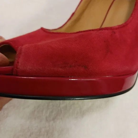 Nine West RED LEATHER Suede Open Toe Pumps Size 9M Prom Cocktail City Stiletto