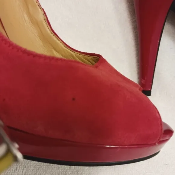 Nine West RED LEATHER Suede Open Toe Pumps Size 9M Prom Cocktail City Stiletto