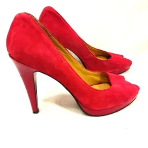 Nine West RED LEATHER Suede Open Toe Pumps Size 9M Prom Cocktail City Stiletto