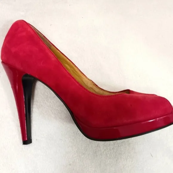 Nine West RED LEATHER Suede Open Toe Pumps Size 9M Prom Cocktail City Stiletto