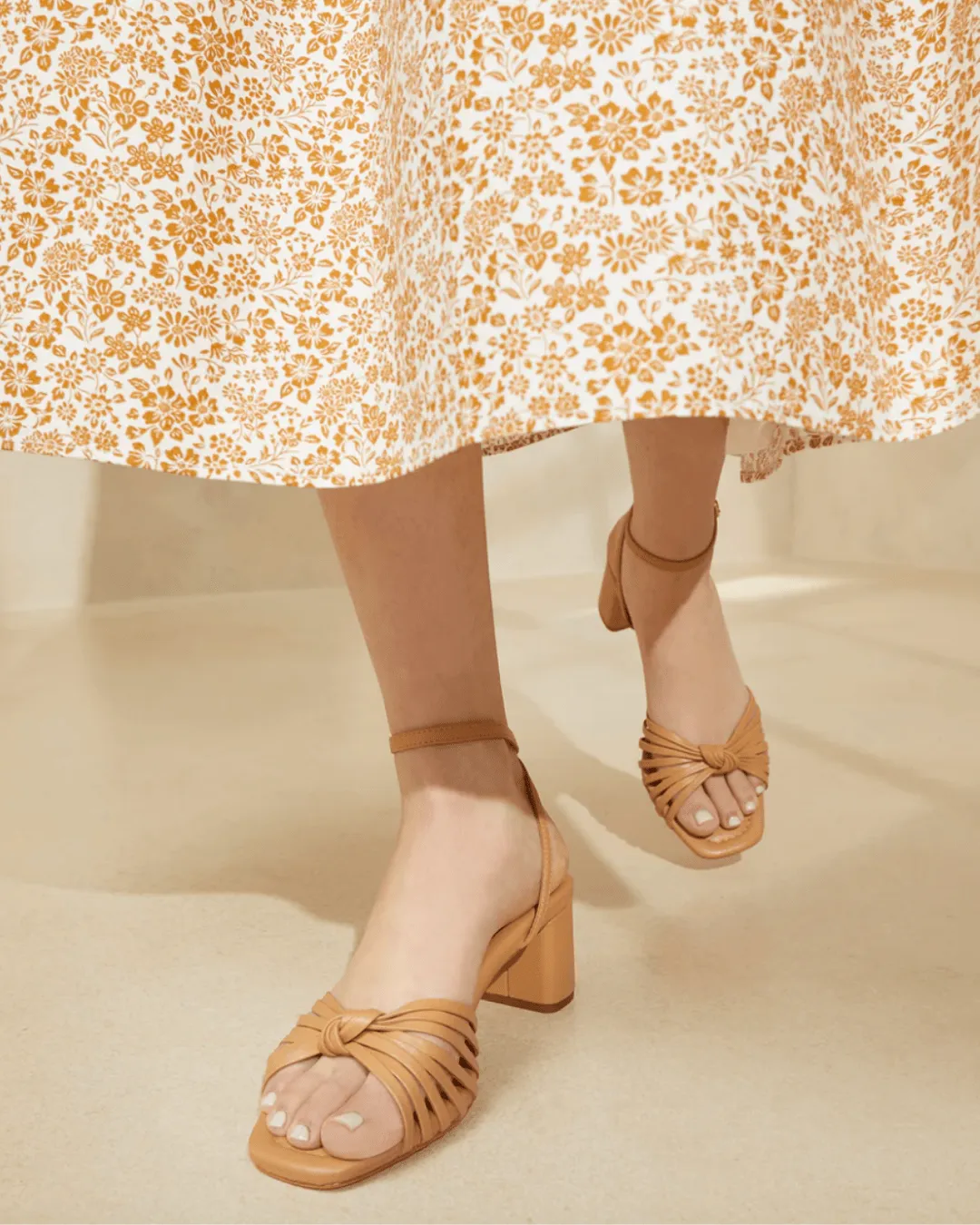 OLIVIA LEATHER KNOT MID HEEL SANDAL