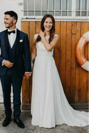Open Back A-Line Bateau White Chiffon Wedding Dress with Appliques OHD043