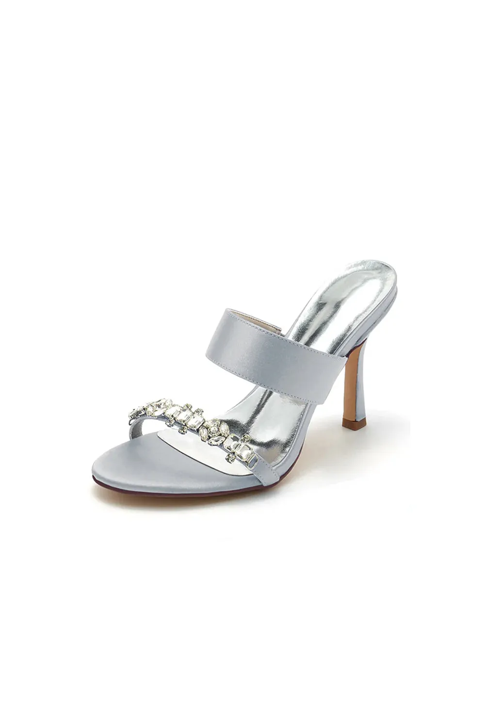 Open Toe Satin Strap Slip On High Heels With Rhinestone