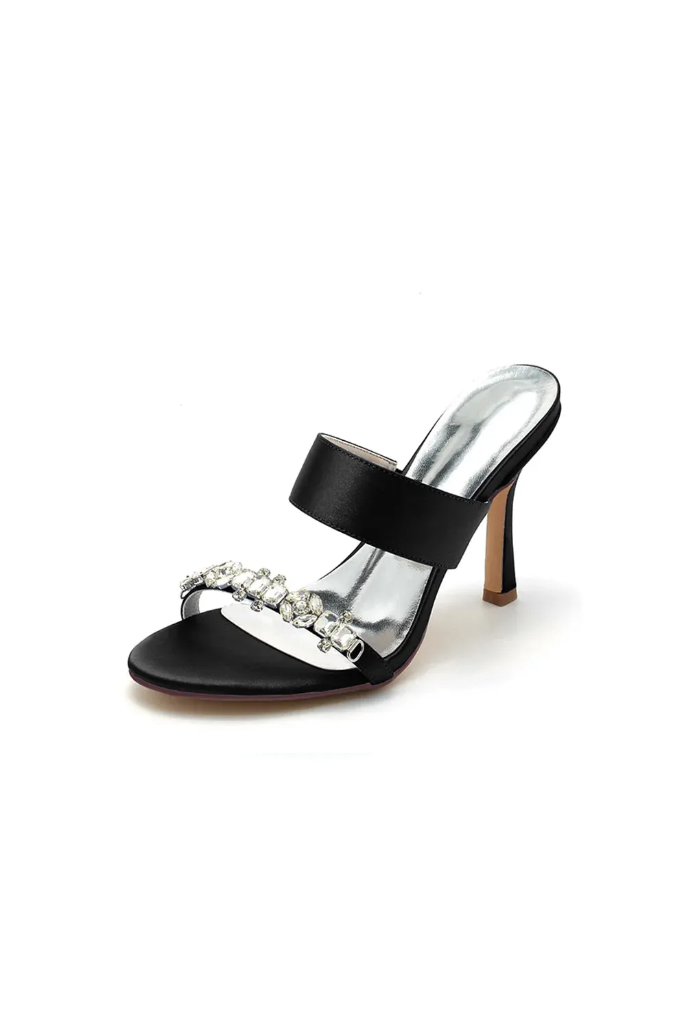 Open Toe Satin Strap Slip On High Heels With Rhinestone