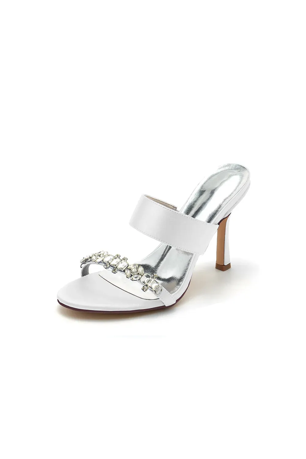 Open Toe Satin Strap Slip On High Heels With Rhinestone