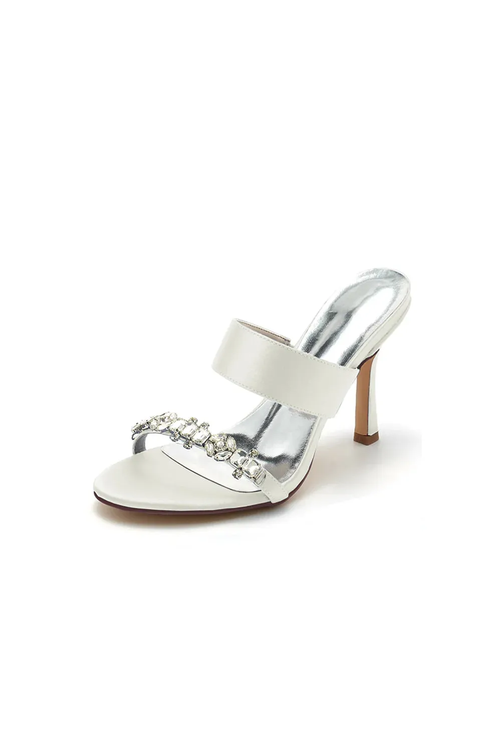 Open Toe Satin Strap Slip On High Heels With Rhinestone