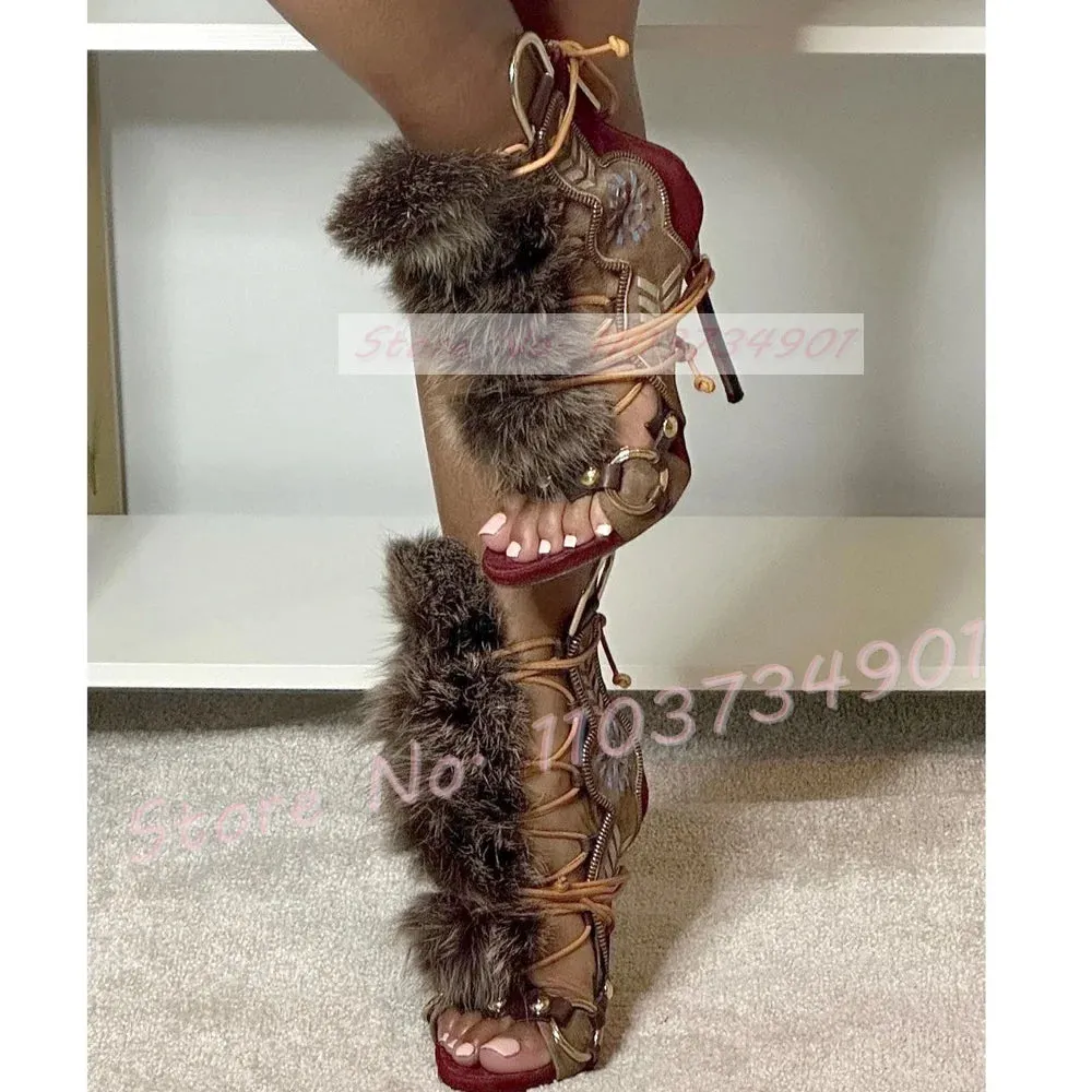 Open-toe Strappy Fur Sandal