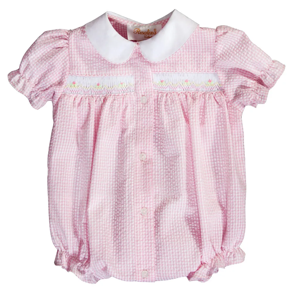 Pink Gingham Seersucker English Smocked Girl Bubble