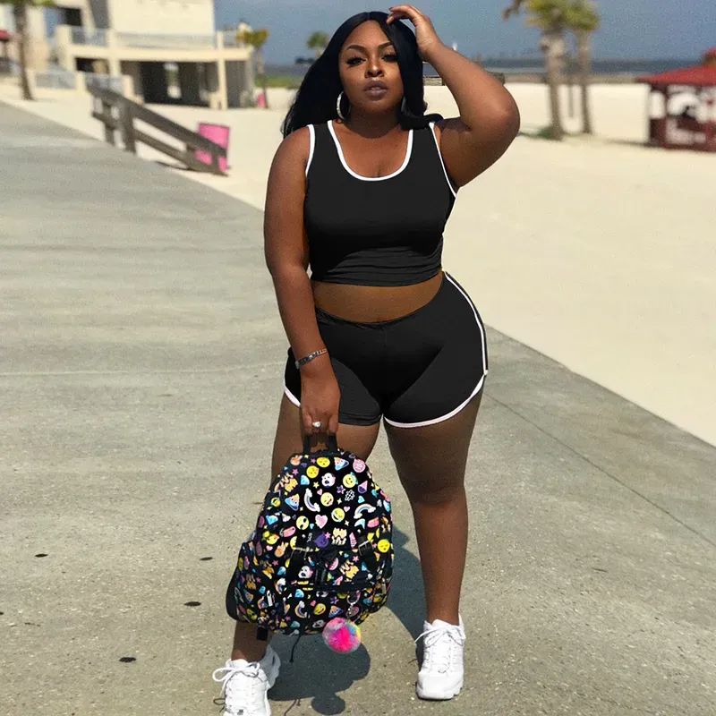 PlayfulWave Plus Size Crop Tank & High-Waist Shorts Set