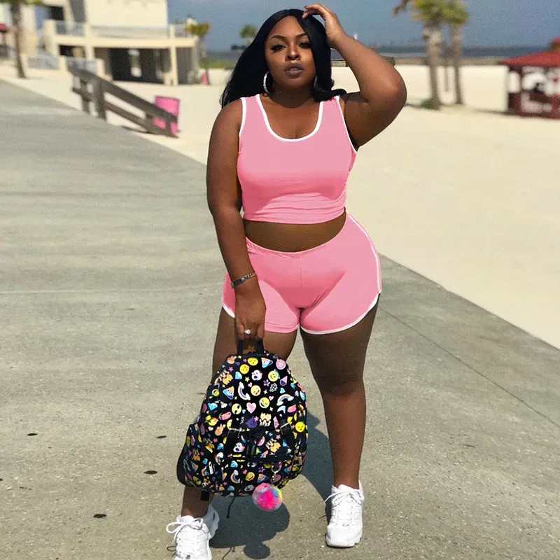 PlayfulWave Plus Size Crop Tank & High-Waist Shorts Set