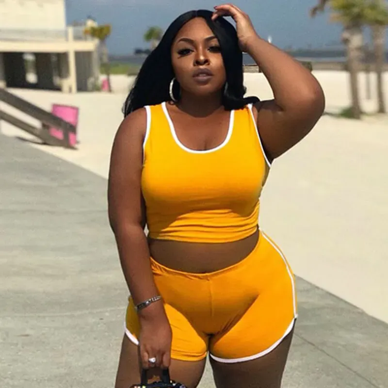 PlayfulWave Plus Size Crop Tank & High-Waist Shorts Set