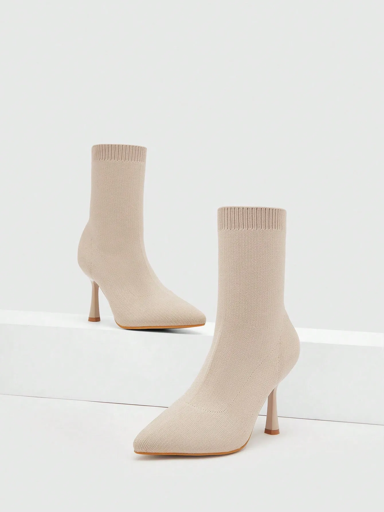 Point Toe, Heeled Sock Boots - Apricot