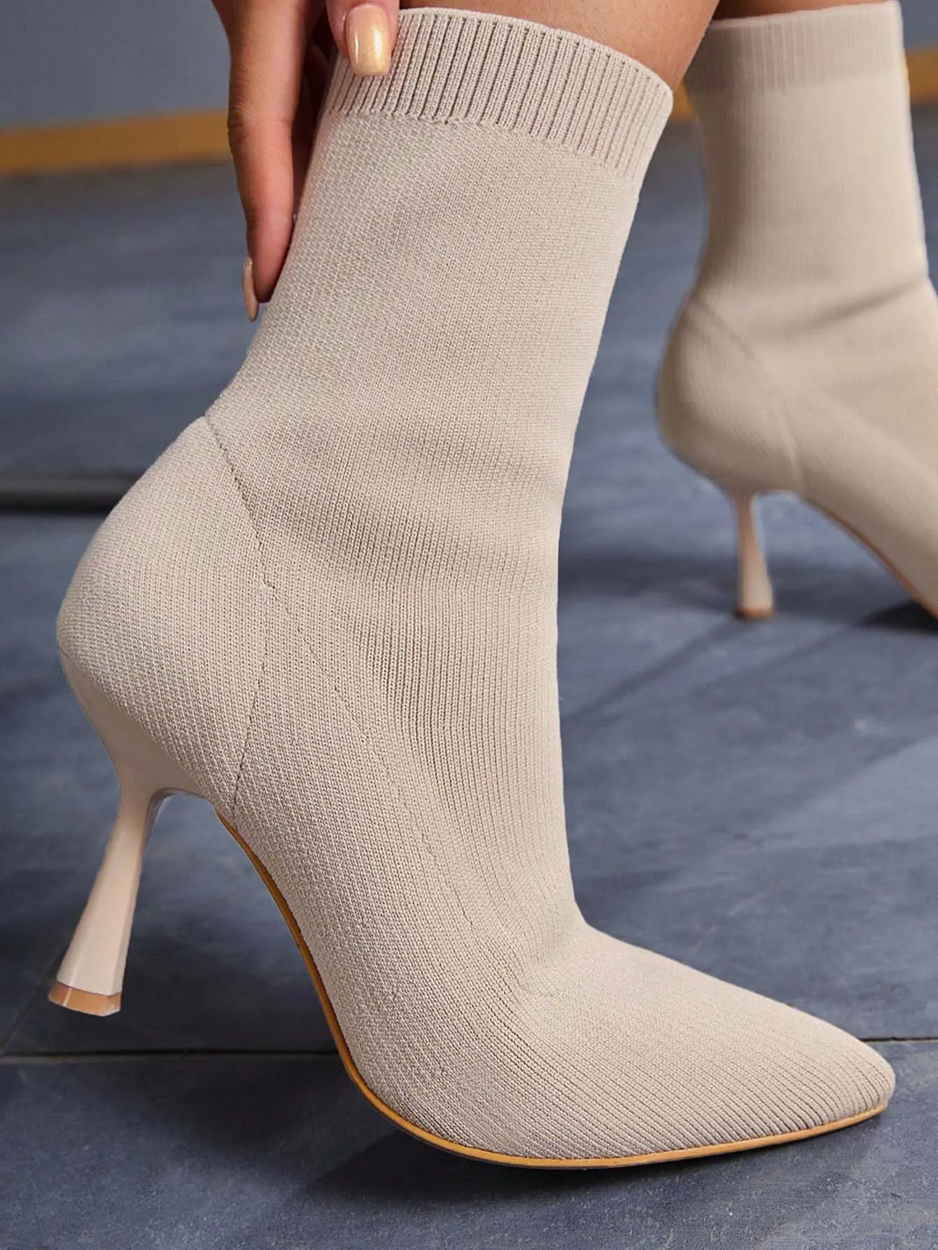 Point Toe, Heeled Sock Boots - Apricot