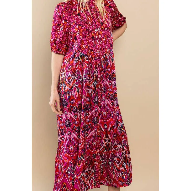 Printed Ruffle Hem Short Sleeve Midi Dress in Red [Size SM-L]