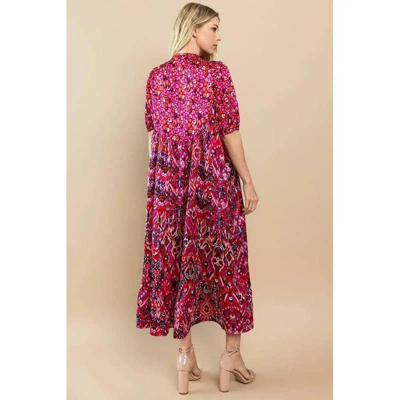 Printed Ruffle Hem Short Sleeve Midi Dress in Red [Size SM-L]