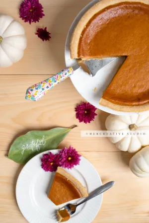 Pumpkin Pie & Grateful on Wood Table