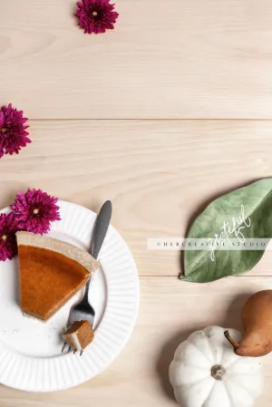 Pumpkin Pie & Pear on Wood Table