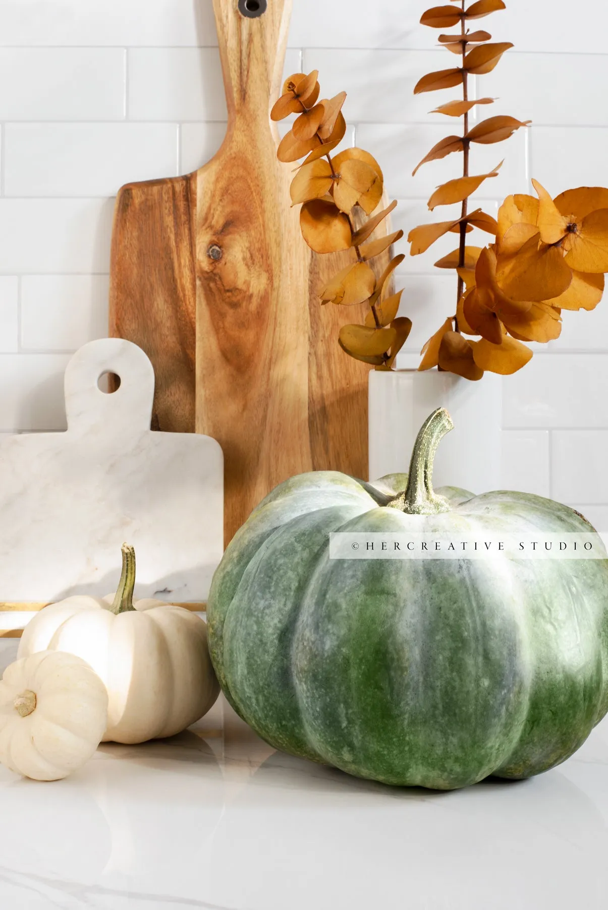 Pumpkins & Cutting Boards in Kitchen. Digital Stock Image.