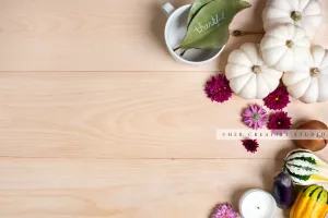 Pumpkins, Gourds & Magnolia on Wooden Table