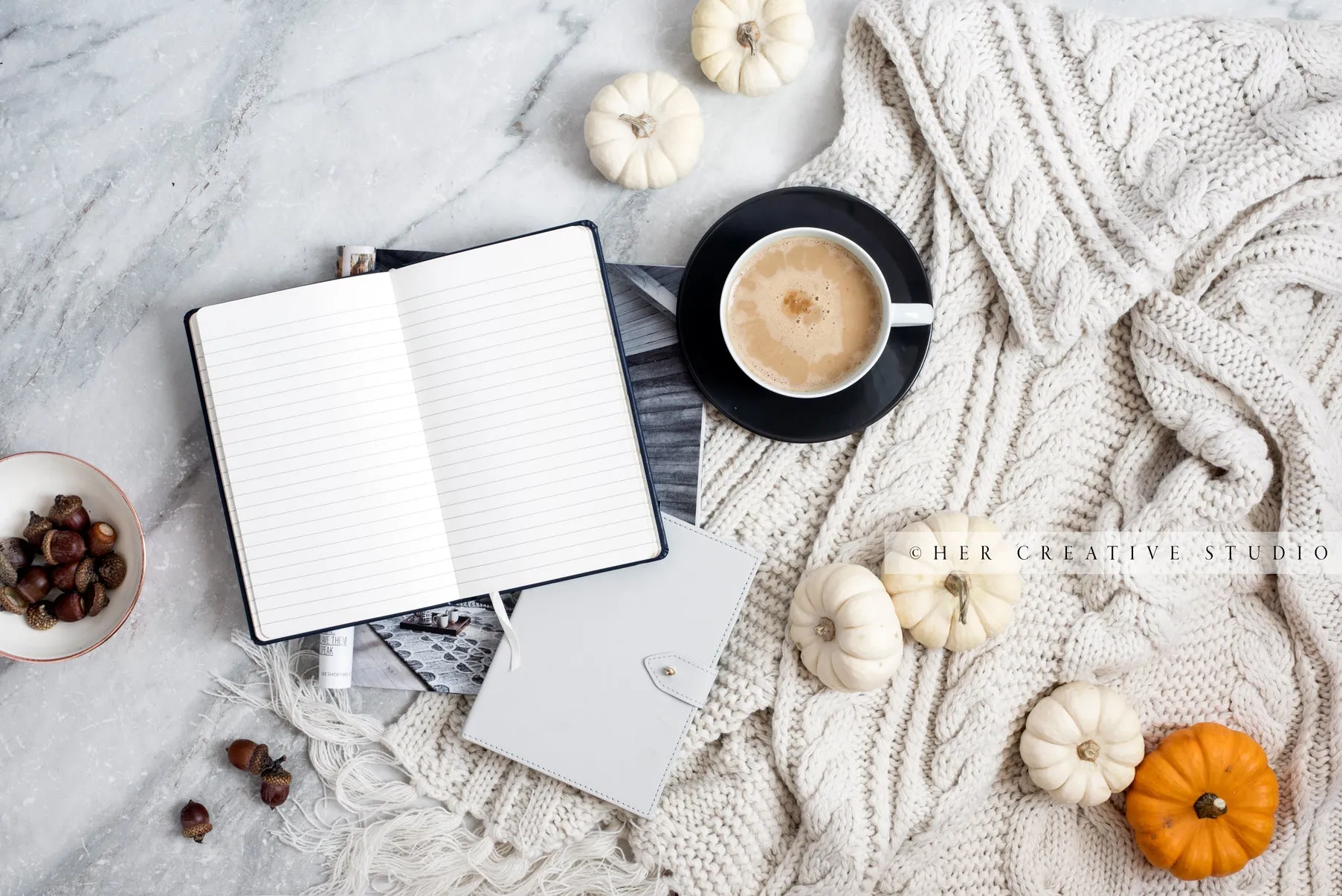 Pumpkins, Notebook & Coffee on Marble