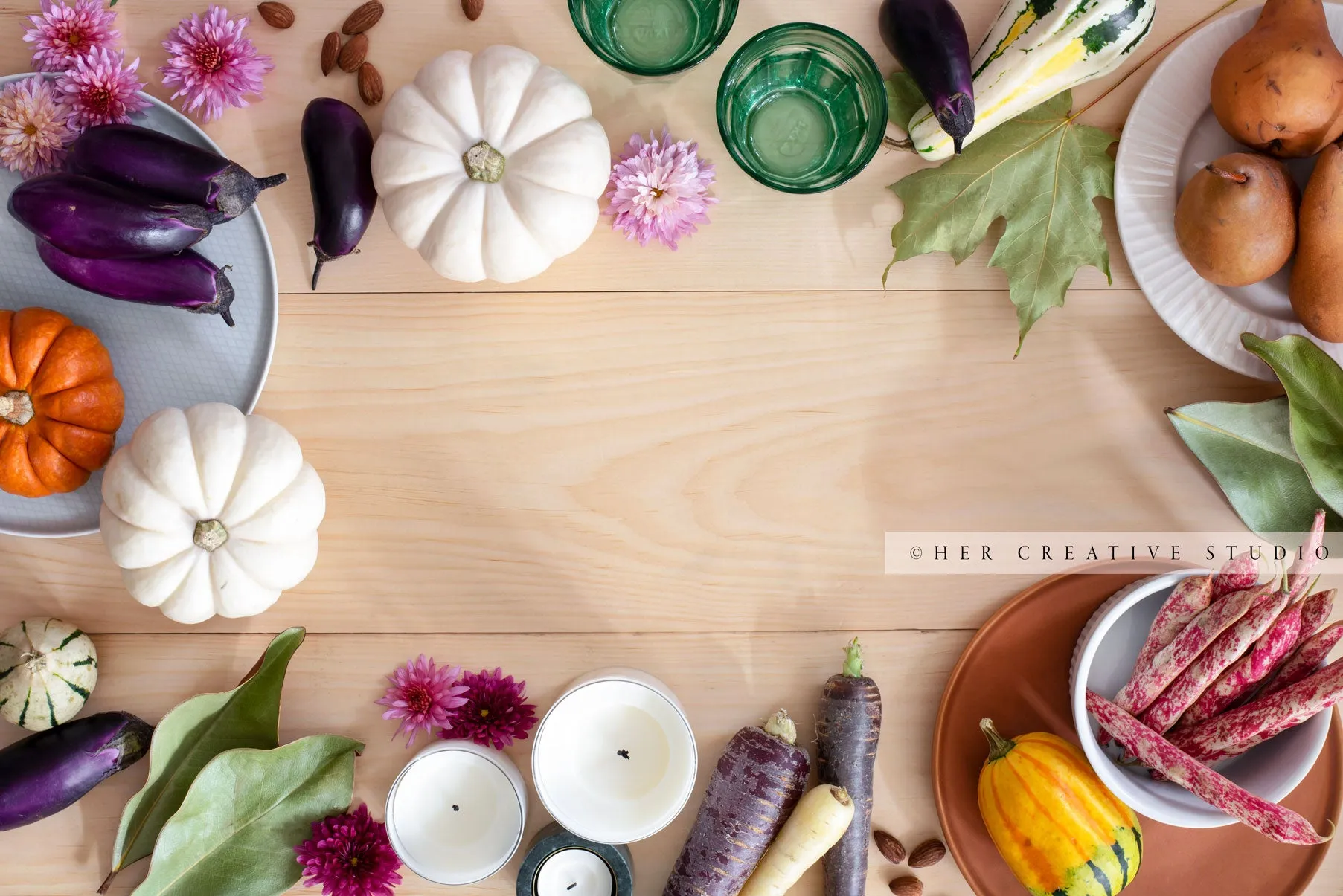 Pumpkins, Pears & Veggies on Wooden Table