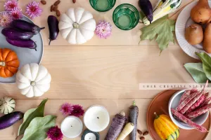 Pumpkins, Pears & Veggies on Wooden Table