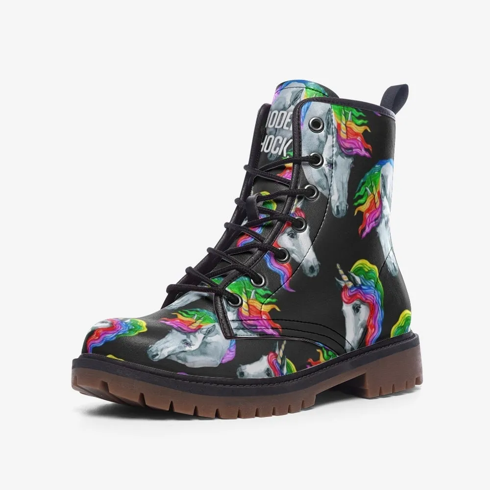 Rainbow Unicorn LGBTQ  Black Vegan Leather Unisex Boots