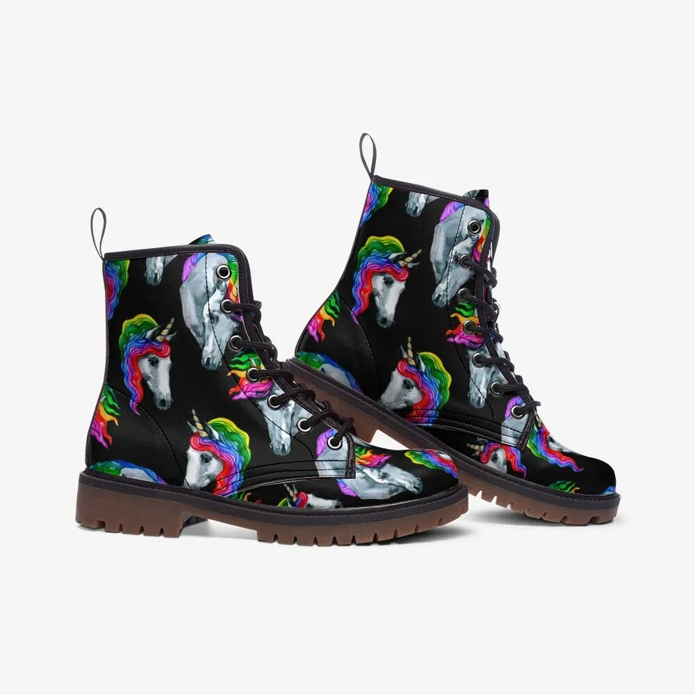 Rainbow Unicorn LGBTQ  Black Vegan Leather Unisex Boots
