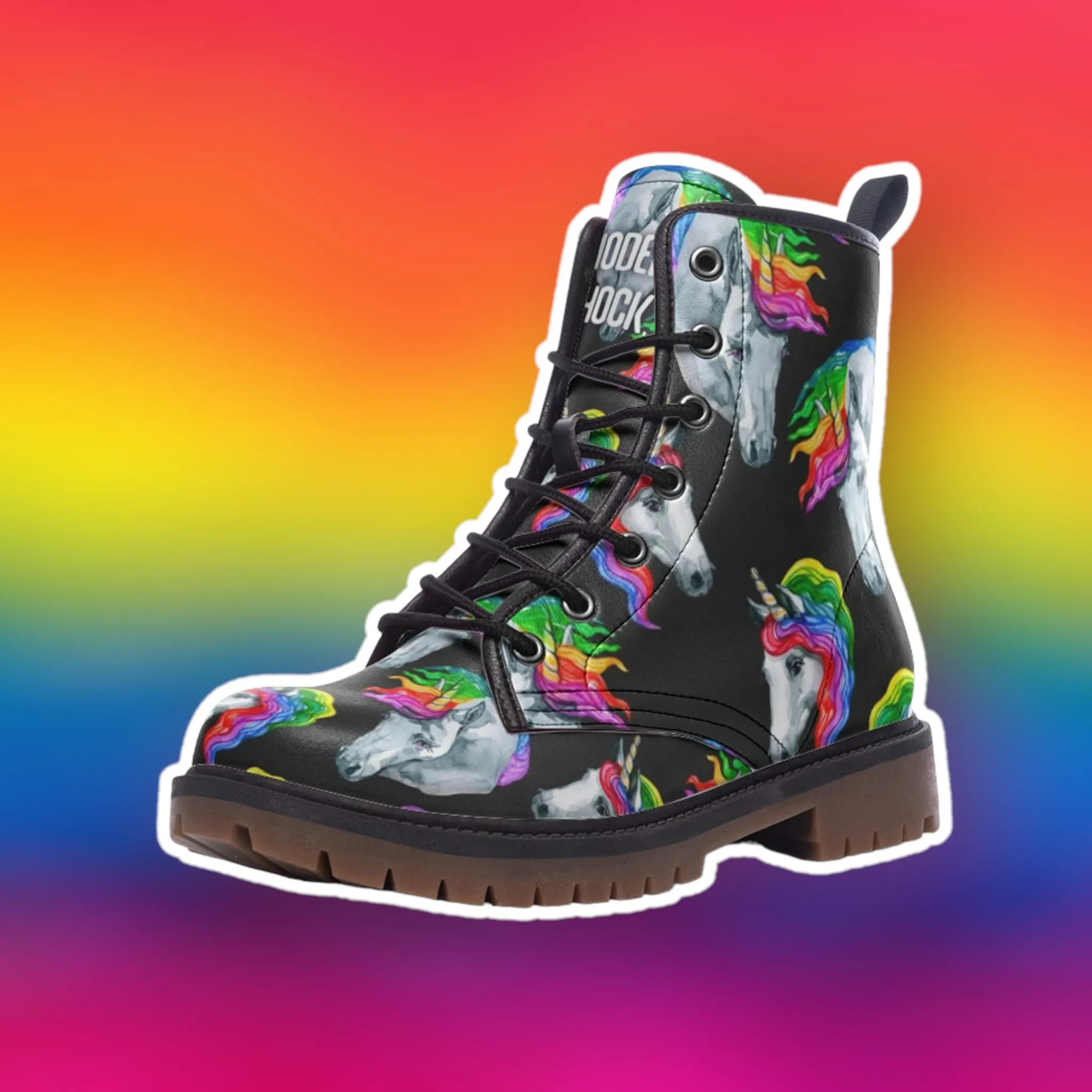 Rainbow Unicorn LGBTQ  Black Vegan Leather Unisex Boots