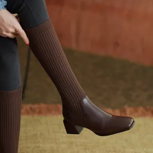 Retro Women's Autumn And Winter Thick-heeled Knit Slimming Boots