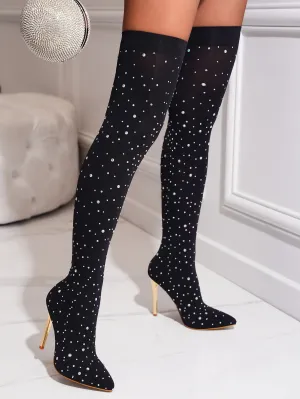 Rhinestone Decor High Heeled-Tight Boots