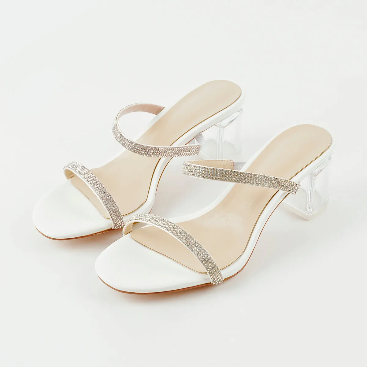Rhinestone Strap Clear Block Heels Sandals