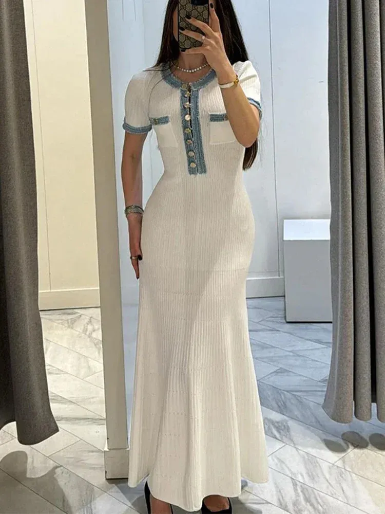 Ribbed Polo Maxi Dress | Polyester-Spandex | Button Detail & Collar