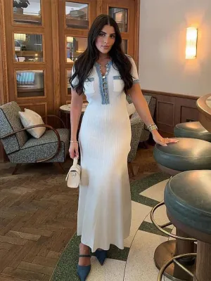 Ribbed Polo Maxi Dress | Polyester-Spandex | Button Detail & Collar