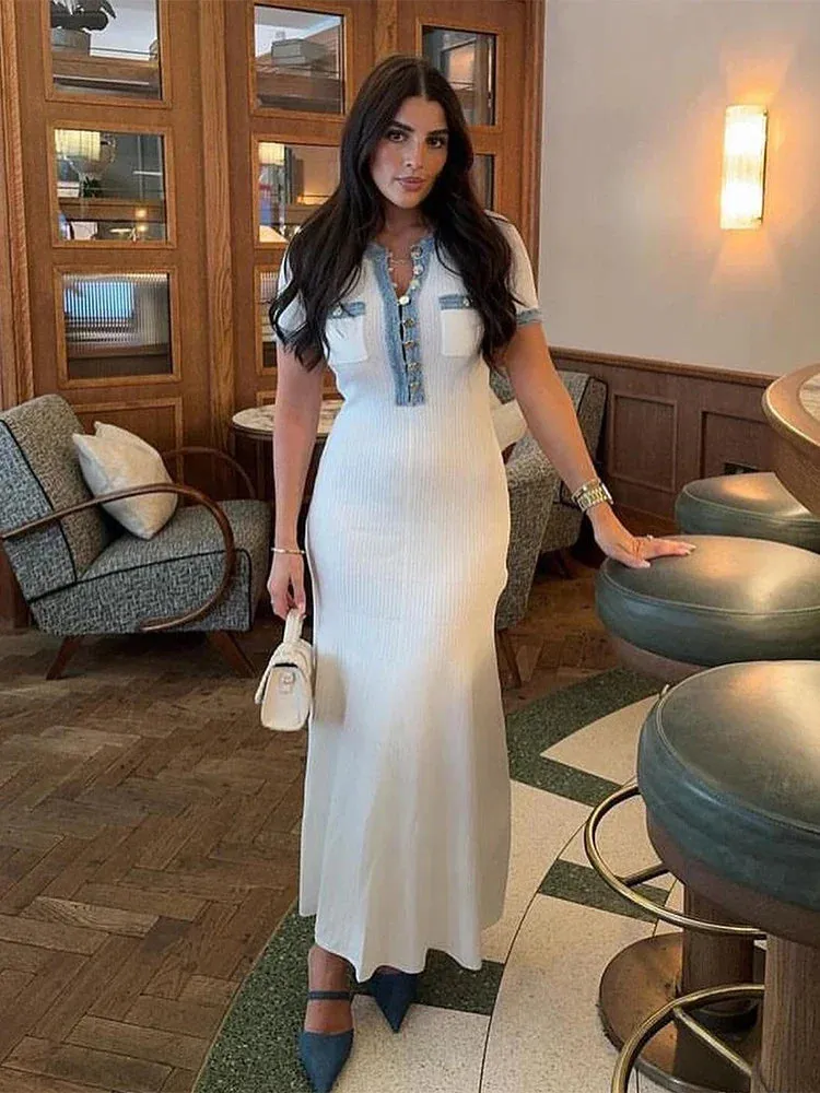 Ribbed Polo Maxi Dress | Polyester-Spandex | Button Detail & Collar