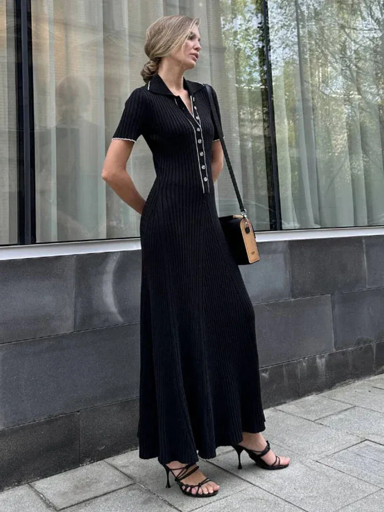 Ribbed Polo Maxi Dress | Polyester-Spandex | Button Detail & Collar