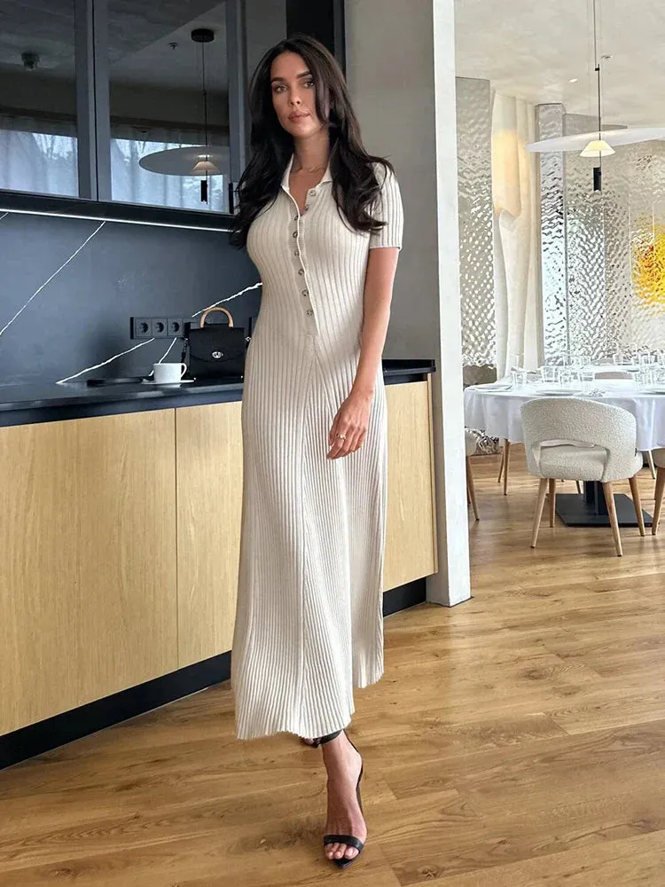 Ribbed Polo Maxi Dress | Polyester-Spandex | Button Detail & Collar