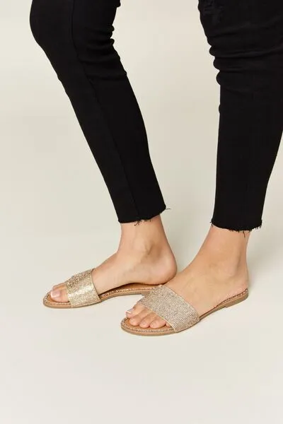 Rose Gold Rhinestone Open Toe Flat Sandals
