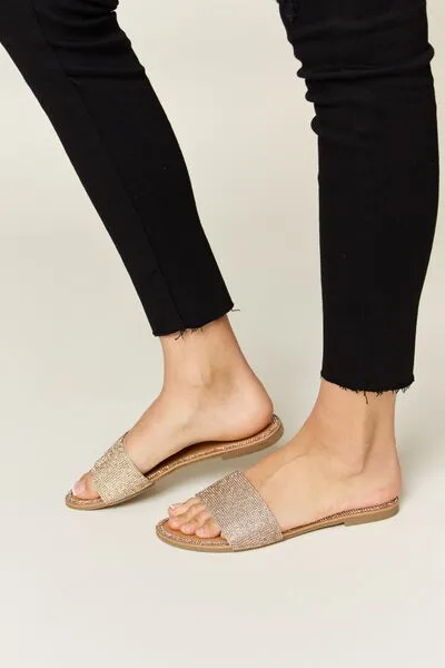 Rose Gold Rhinestone Open Toe Flat Sandals