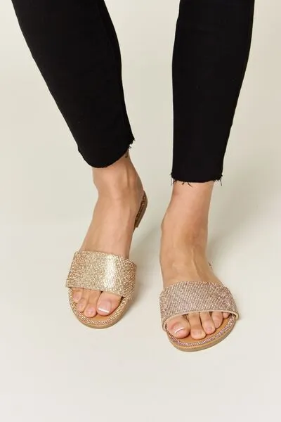 Rose Gold Rhinestone Open Toe Flat Sandals